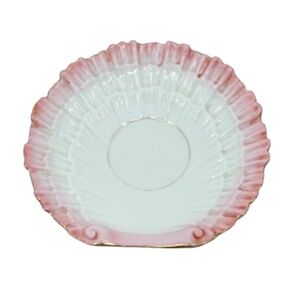 VINTAGE PORCELAIN CLAMSHELL TRINKET SOAP DISH PINK & WHITE 4.5”